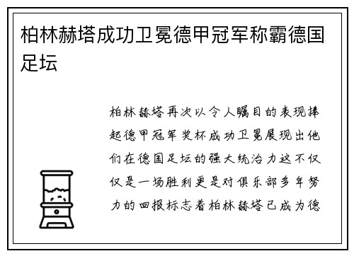 柏林赫塔成功卫冕德甲冠军称霸德国足坛