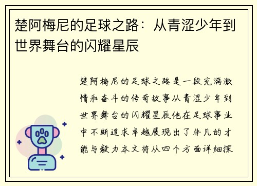 楚阿梅尼的足球之路：从青涩少年到世界舞台的闪耀星辰